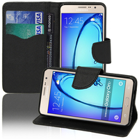 Samsung Galaxy On7: Accessoire Etui portefeuille Livre Housse Coque Pochette support vidéo cuir PU effet tissu - NOIR