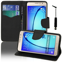 Samsung Galaxy On7: Accessoire Etui portefeuille Livre Housse Coque Pochette support vidéo cuir PU effet tissu + mini Stylet - NOIR