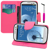 Samsung Galaxy S3 i9300/ i9305 Neo/ LTE 4G: Accessoire Etui portefeuille Livre Housse Coque Pochette support vidéo cuir PU effet tissu + mini Stylet - ROSE