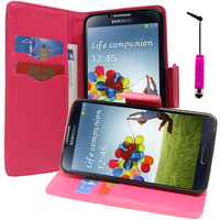 Samsung Galaxy S4 i9500/ i9505/ Value Edition I9515: Accessoire Etui portefeuille Livre Housse Coque Pochette support vidéo cuir PU effet tissu + mini Stylet - ROSE