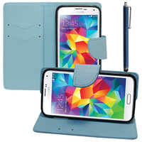 Samsung Galaxy S5 V G900F G900IKSMATW LTE G901F/ Duos / S5 Plus/ S5 Neo SM-G903F/ S5 LTE-A G906S: Accessoire Etui portefeuille Livre Housse Coque Pochette support vidéo cuir PU effet tissu + Stylet - BLEU