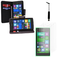 Nokia Lumia 735/ 730 Dual Sim: Lot Etui Coque Housse portefeuille support video cuir PU effet tissu + 3 Films d'écran + 1 mini Stylet - NOIR