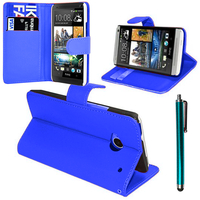 HTC One Mini M4/ 601/ 601e/ 601n/ 601s: Accessoire Etui portefeuille Livre Housse Coque Pochette support vidéo cuir PU + Stylet - BLEU FONCE