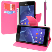 Sony Xperia M2/ M2 Dual D2303 D2305 D2306: Accessoire Etui portefeuille Livre Housse Coque Pochette support vidéo cuir PU effet tissu + Stylet - ROSE