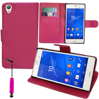 Sony Xperia Z3/ Z3 Dual D6603 D6643 D6653 D6616 D6633: Accessoire Etui portefeuille Livre Housse Coque Pochette support vidéo cuir PU + mini Stylet - ROSE