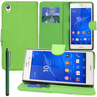 Sony Xperia Z3/ Z3 Dual D6603 D6643 D6653 D6616 D6633: Accessoire Etui portefeuille Livre Housse Coque Pochette support vidéo cuir PU + Stylet - VERT