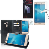 Huawei Honor 5c/ Honor 7 Lite/ Huawei GT3: Etui Coque Housse Pochette Accessoires portefeuille support video cuir PU - NOIR + 1 Film de protection d'écran Verre Trempé