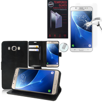 Samsung Galaxy J7 (2016) J710F/ Duos/ J710FN/ J710M/ J710H: Etui Coque Housse Pochette Accessoires portefeuille support video cuir PU - NOIR + 1 Film de protection d'écran Verre Trempé