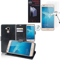 Huawei Honor 5c/ Honor 7 Lite/ Huawei GT3: Etui Coque Housse Pochette Accessoires portefeuille support video cuir PU - NOIR + 2 Films de protection d'écran Verre Trempé