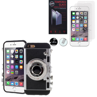 Apple iPhone 6/ 6s: Coque Silicone TPU motif appreil photo élégant camera case - NOIR + 2 Films de protection d'écran Verre Trempé