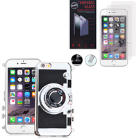 Apple iPhone 6/ 6s: Coque Silicone TPU motif appreil photo élégant camera case, support vidéo + mirroir - NOIR + 2 Films de protection d'écran Verre Trempé
