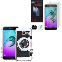 Samsung Galaxy A5 (2016) SM-A510F A510M A510FD A5100 A510Y: Coque Silicone TPU motif appreil photo élégant camera case, support vidéo + mirroir - NOIR + 2 Films de protection d'écran Verre Trempé