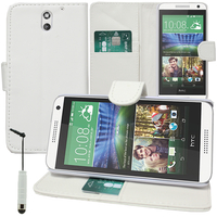 HTC Desire 610: Accessoire Etui portefeuille Livre Housse Coque Pochette support vidéo cuir PU + mini Stylet - BLANC