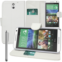 HTC Desire 610: Accessoire Etui portefeuille Livre Housse Coque Pochette support vidéo cuir PU + Stylet - BLANC