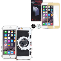 Apple iPhone 6/ 6s: Coque Silicone TPU motif appreil photo élégant camera case, support vidéo + mirroir - NOIR + 1 Film de protection d'écran Verre Trempé