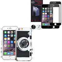 Apple iPhone 6/ 6s: Coque Silicone TPU motif appreil photo élégant camera case, support vidéo + mirroir - NOIR + 1 Film de protection d'écran Verre Trempé