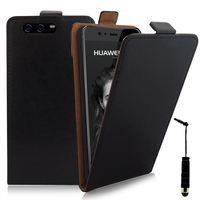 Huawei P10 5.1" (non compatible Huawei P10 Plus/ P10 Lite): Accessoire Housse Coque Pochette Etui protection vrai cuir à rabat vertical + mini Stylet - NOIR