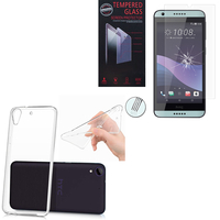HTC Desire 650: Etui Housse Pochette Accessoires Coque gel UltraSlim - TRANSPARENT + 1 Film de protection d'écran Verre Trempé