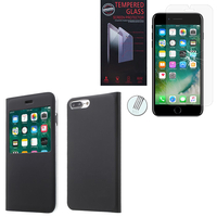 Apple iPhone 7 Plus 5.5" (non compatible iPhone 7 4.7''): Etui View Case Flip Folio Leather cover - NOIR + 1 Film de protection d'écran Verre Trempé