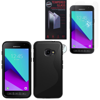 Samsung Galaxy Xcover 4: Coque Etui Housse Pochette Accessoires Silicone Gel motif S-Line - NOIR + 1 Film de protection d'écran Verre Trempé