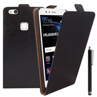 Huawei P10 Lite 5.2" (non compatible Huawei P10/ P10 Plus): Accessoire Housse Coque Pochette Etui protection vrai cuir à rabat vertical + Stylet - NOIR