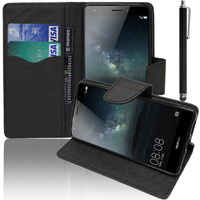 Huawei Mate S: Accessoire Etui portefeuille Livre Housse Coque Pochette support vidéo cuir PU effet tissu + Stylet - NOIR