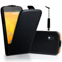 Samsung Galaxy Nexus i9250/ i9250M/ Google Nexus 3: Accessoire Housse Coque Pochette Etui protection vrai cuir à rabat vertical + mini Stylet - NOIR