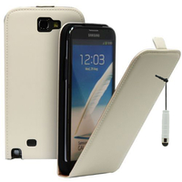 Samsung Galaxy Note 2 N7100/ N7105: Accessoire Housse Coque Pochette Etui protection vrai cuir à rabat vertical + mini Stylet - BLANC