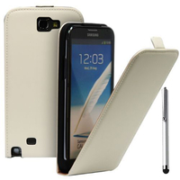 Samsung Galaxy Note 2 N7100/ N7105: Accessoire Housse Coque Pochette Etui protection vrai cuir à rabat vertical + Stylet - BLANC