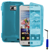 Samsung Galaxy S2 i9100/ i9105G/ Plus: Accessoire Etui Housse Pochette Coque silicone gel Portefeuille Livre rabat + mini Stylet - BLEU