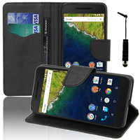 Huawei Nexus 6P: Accessoire Etui portefeuille Livre Housse Coque Pochette support vidéo cuir PU effet tissu + mini Stylet - NOIR