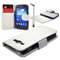 Samsung Galaxy Ace 3 S7270 S7272 S7275 LTE: Accessoire Etui portefeuille Livre Housse Coque Pochette cuir PU + mini Stylet - BLANC