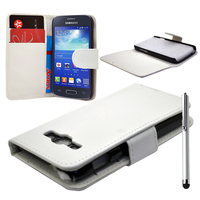 Samsung Galaxy Ace 3 S7270 S7272 S7275 LTE: Accessoire Etui portefeuille Livre Housse Coque Pochette cuir PU + Stylet - BLANC