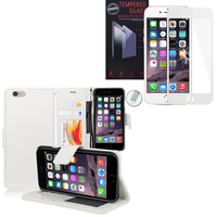Apple iPhone 6 Plus/ 6s Plus: Etui Coque Housse Pochette Accessoires portefeuille support video cuir PU - BLANC + 1 Film de protection d'écran Verre Trempé