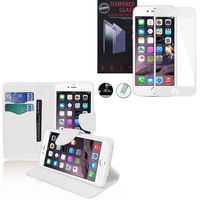 Apple iPhone 6 Plus/ 6s Plus: Etui Coque Housse Pochette Accessoires portefeuille support video cuir PU effet tissu - BLANC + 1 Film de protection d'écran Verre Trempé