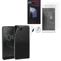 Sony Xperia L1 5.5": Etui Housse Pochette Accessoires Coque gel UltraSlim - TRANSPARENT + 2 Films de protection d'écran Verre Trempé