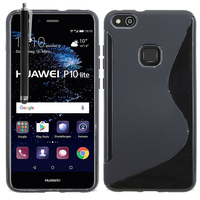 Huawei P10 Lite 5.2" (non compatible Huawei P10/ P10 Plus): Accessoire Housse Etui Pochette Coque Silicone Gel motif S Line + Stylet - NOIR