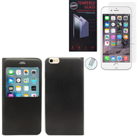 Apple iPhone 6 Plus/ 6s Plus: Etui View Case Flip Folio Leather cover - NOIR + 1 Film de protection d'écran Verre Trempé