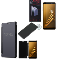 Samsung Galaxy A8 (2018) A530F 5.6"/ A8 (2018) Duos A530F/DS: Coque Silicone gel rigide Livre rabat - NOIR + 1 Film de protection d'écran Verre Trempé