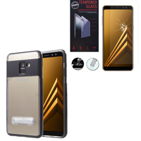 Samsung Galaxy A8 (2018) A530F 5.6"/ A8 (2018): Coque TPU transparente avec Metal Kickstand support video contour Polycarbonate couleur - NOIR + 1 Film de protection d'écran Verre Trempé