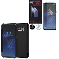 Samsung Galaxy S8+/ Galaxy S8 Plus 6.2" (non compatible Galaxy S8 5.8"): Coque Silicone gel rigide Livre rabat - NOIR + 1 Film de protection d'écran Verre Trempé