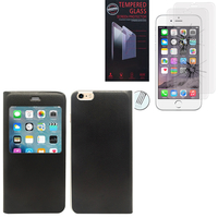 Apple iPhone 6 Plus/ 6s Plus: Etui View Case Flip Folio Leather cover - NOIR + 2 Films de protection d'écran Verre Trempé