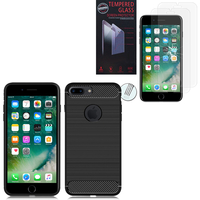 Apple iPhone 7 Plus 5.5" (non compatible iPhone 7 4.7''): Coque Housse Silicone Souple en Fibre de Carbone Brossé motif TPU Case - NOIR + 2 Films de protection d'écran Verre Trempé