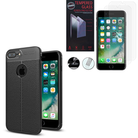 Apple iPhone 7 Plus 5.5" (non compatible iPhone 7 4.7''): Coque Housse TPU Souple en Fibre de Carbone Effet Cuir Litchi - NOIR + 2 Films de protection d'écran Verre Trempé