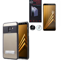Samsung Galaxy A8 (2018) A530F 5.6": Coque TPU transparente avec Metal Kickstand support video contour Polycarbonate couleur - NOIR + 2 Films de protection d'écran Verre Trempé