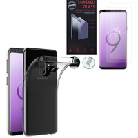 Samsung Galaxy S9 5.8": Etui Housse Pochette Accessoires Coque gel UltraSlim - TRANSPARENT + 2 Films de protection d'écran Verre Trempé
