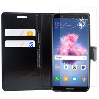 Huawei P smart 5.65"/ Enjoy 7S FIG-LX1/ LA1/ LX2/ LX3: Etui Coque Housse Pochette Accessoires portefeuille support video cuir PU - NOIR + 1 Film de protection d'écran Verre Trempé