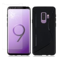 Samsung Galaxy S9+/ S9 Plus 6.2": Coque Etui Housse Pochette Accessoires Silicone Gel motif S-Line - NOIR + 1 Film de protection d'écran Verre Trempé