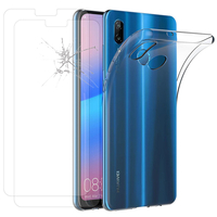 Huawei P20 Lite/ Nova 3e 5.84" (non compatible Huawei P20/ P20 Pro): Etui Housse Pochette Accessoires Coque gel UltraSlim - TRANSPARENT + 2 Films de protection d'écran Verre Trempé