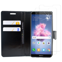 Huawei P smart 5.65"/ Enjoy 7S FIG-LX1/ LA1/ LX2/ LX3: Etui Coque Housse Pochette Accessoires portefeuille support video cuir PU - NOIR + 2 Films de protection d'écran Verre Trempé